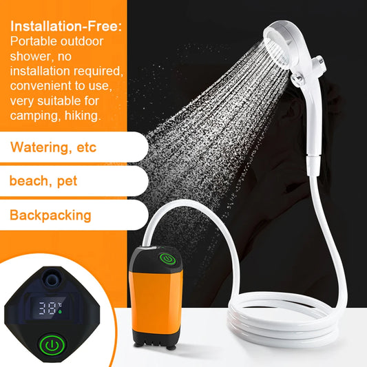 Portable Camping Shower Outdoor Camping Shower Pump Rechargeable Shower Head Digital Display for Camping Hiking Traveling