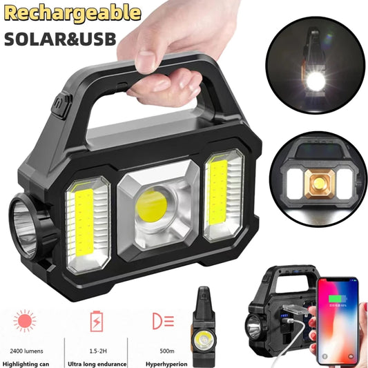 500lm Rechargeable Flashlight Waterproof 6 Gears Torch Light Portable Powerful Lantern Solar USB Charging for Camping Hiking